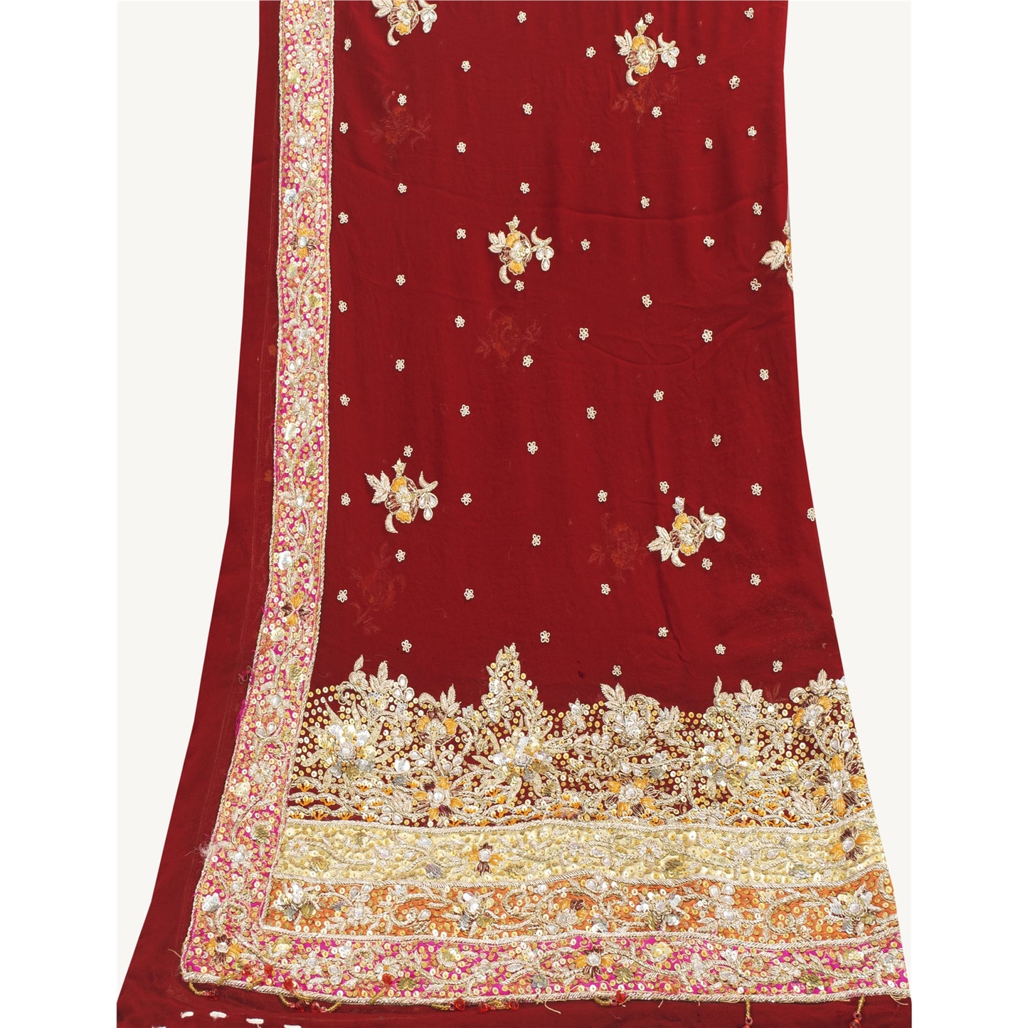 Sanskriti Vintage Dupatta/Stole Pure Georgette Red Hand Beaded Zardozi Scarves