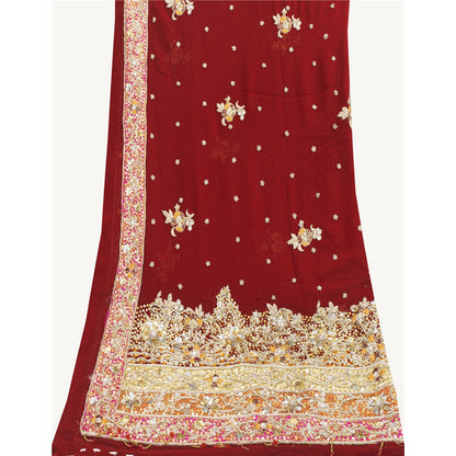 Sanskriti Vintage Dupatta/Stole Pure Georgette Red Hand Beaded Zardozi Scarves