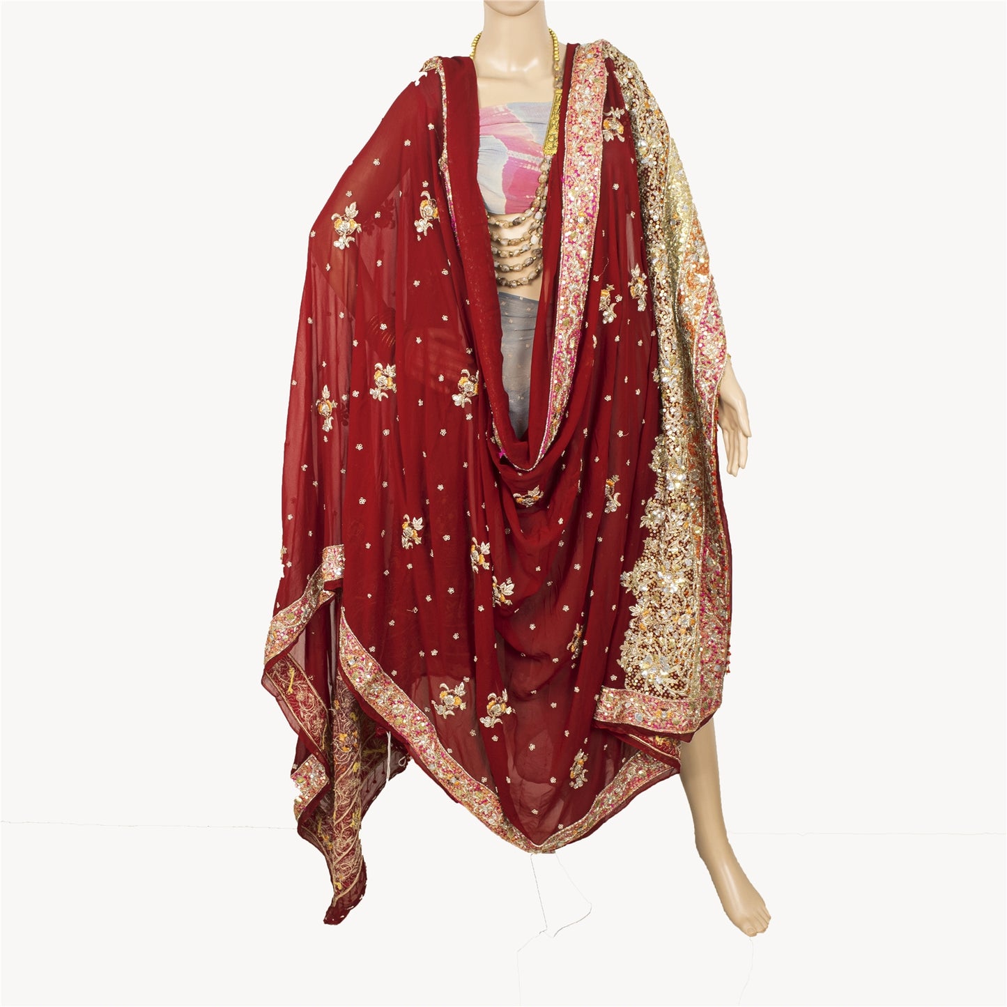 Sanskriti Vintage Dupatta/Stole Pure Georgette Red Hand Beaded Zardozi Scarves