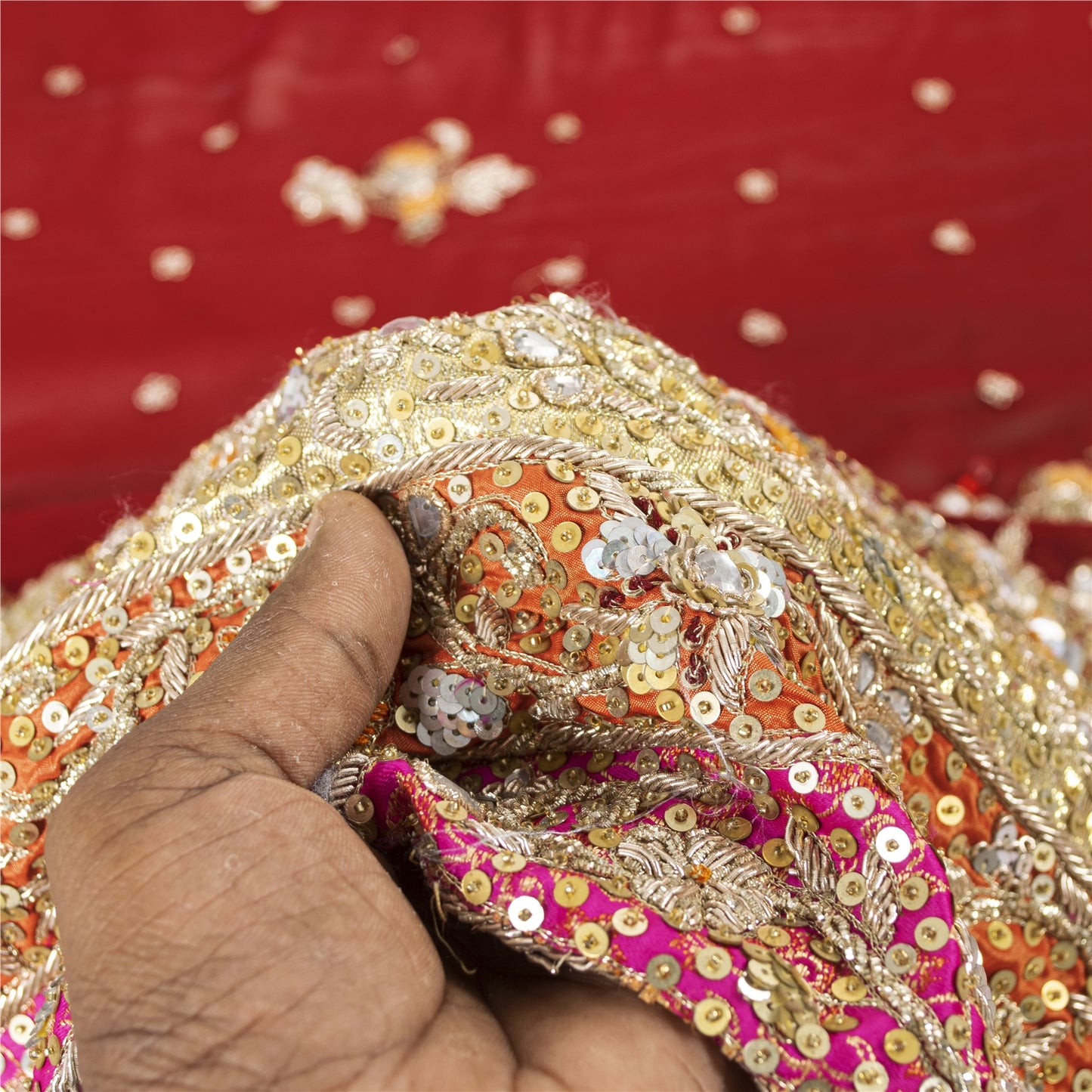 Sanskriti Vintage Dupatta/Stole Pure Georgette Red Hand Beaded Zardozi Scarves