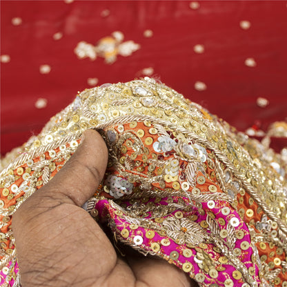 Sanskriti Vintage Dupatta/Stole Pure Georgette Red Hand Beaded Zardozi Scarves