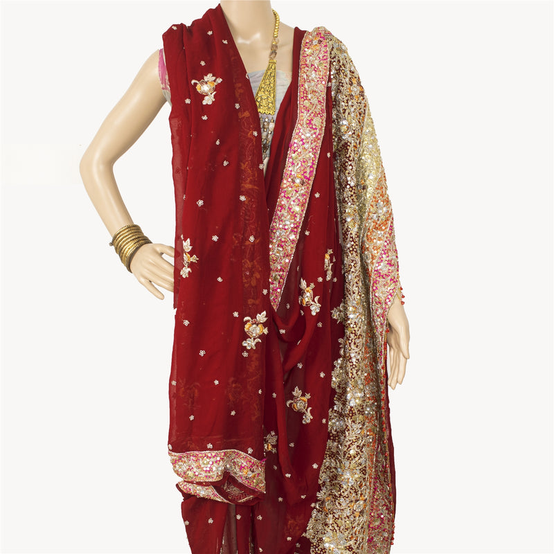 Sanskriti Vintage Red Pure Georgette Silk Dupatta/Stole Hand Embroidered Dabka Zardozi Sequins Beads Scarves Crafting, Upcycling,Recycling