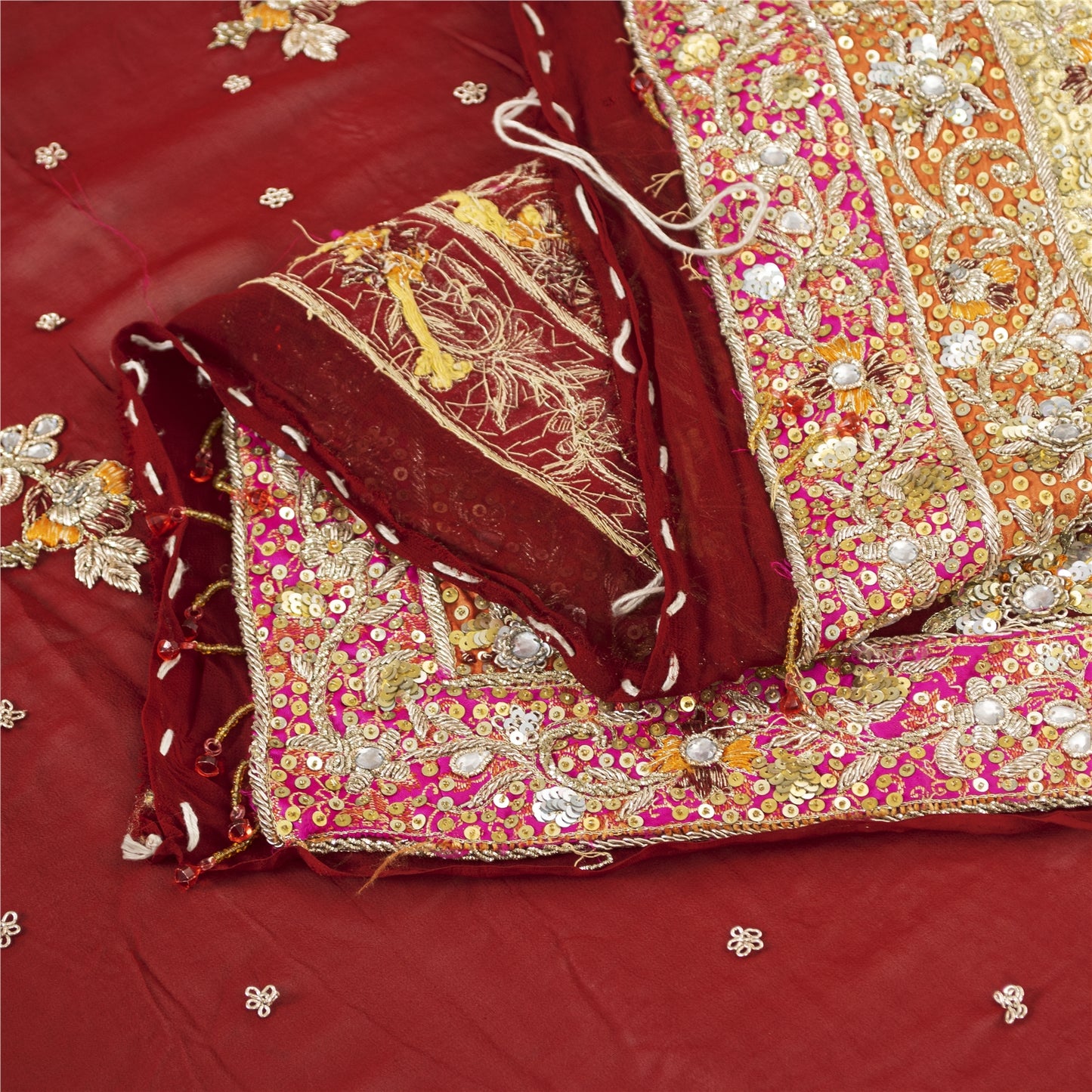 Sanskriti Vintage Dupatta/Stole Pure Georgette Red Hand Beaded Zardozi Scarves