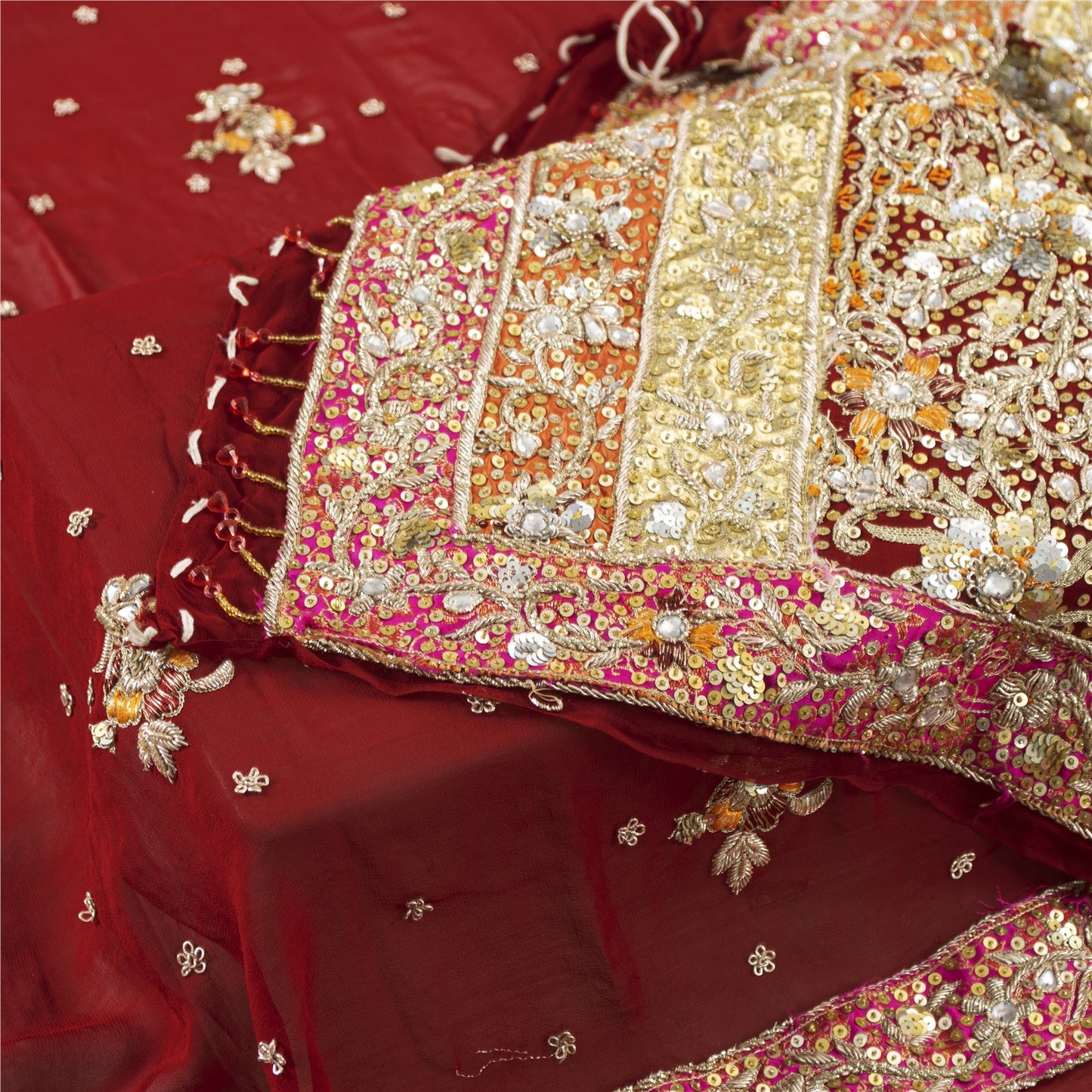 Sanskriti Vintage Dupatta/Stole Pure Georgette Red Hand Beaded Zardozi Scarves