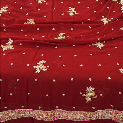 Sanskriti Vintage Dupatta/Stole Pure Georgette Red Hand Beaded Zardozi Scarves