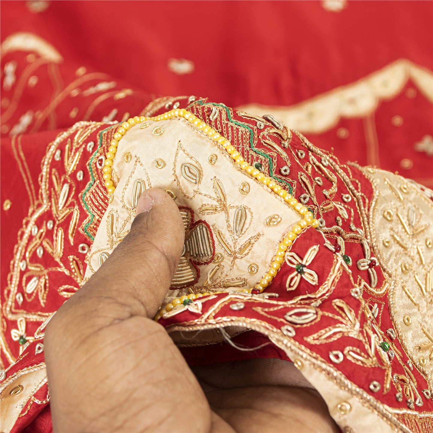 Sanskriti Vintage Long Dupatta/Stole Pure Silk Red Hand Beaded Zardozi Patch Vei