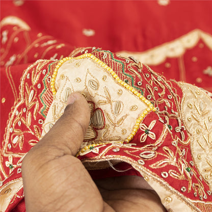 Sanskriti Vintage Long Dupatta/Stole Pure Silk Red Hand Beaded Zardozi Patch Vei