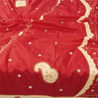 Sanskriti Vintage Long Dupatta/Stole Pure Silk Red Hand Beaded Zardozi Patch Vei