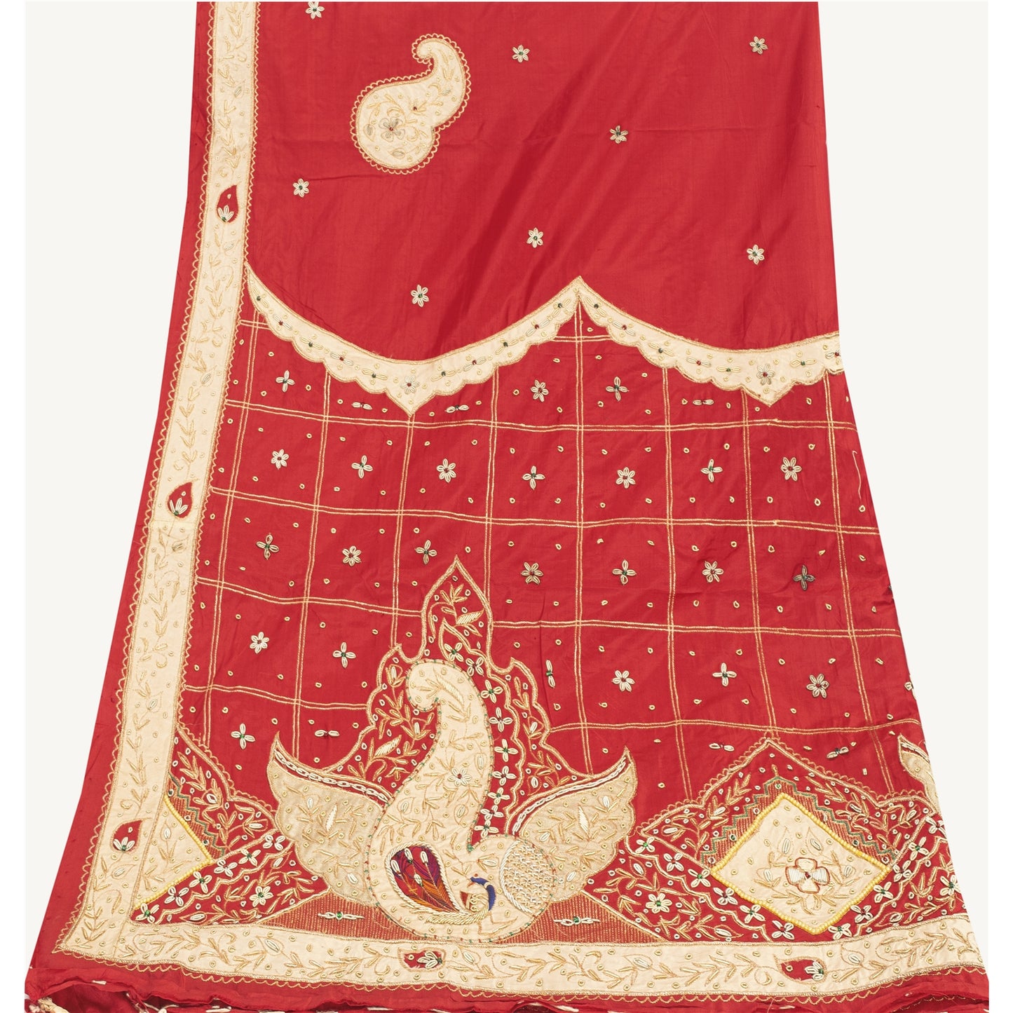 Sanskriti Vintage Long Dupatta/Stole Pure Silk Red Hand Beaded Zardozi Patch Vei