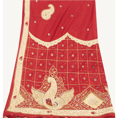 Sanskriti Vintage Long Dupatta/Stole Pure Silk Red Hand Beaded Zardozi Patch Vei