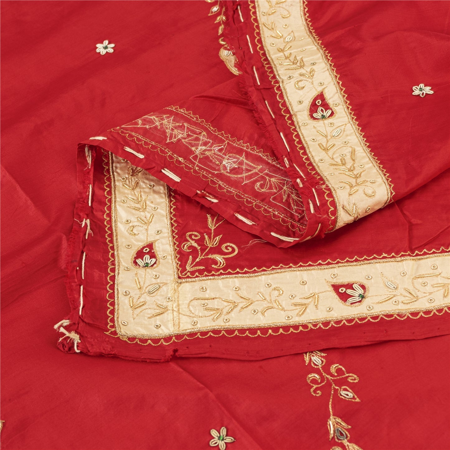 Sanskriti Vintage Long Dupatta/Stole Pure Silk Red Hand Beaded Zardozi Patch Vei