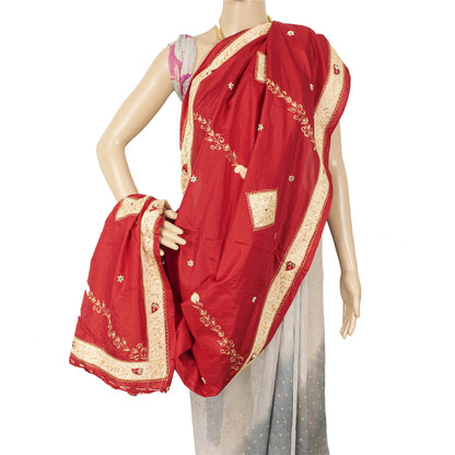 Sanskriti Vintage Long Dupatta/Stole Pure Silk Red Hand Beaded Zardozi Patch Vei