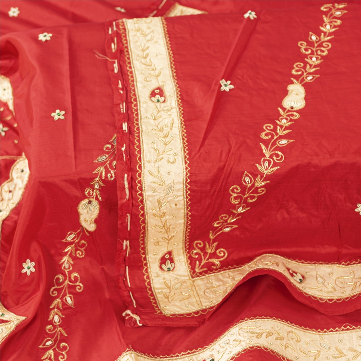 Sanskriti Vintage Long Dupatta/Stole Pure Silk Red Hand Beaded Zardozi Patch Vei