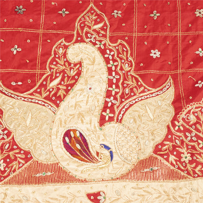 Sanskriti Vintage Long Dupatta/Stole Pure Silk Red Hand Beaded Zardozi Patch Vei