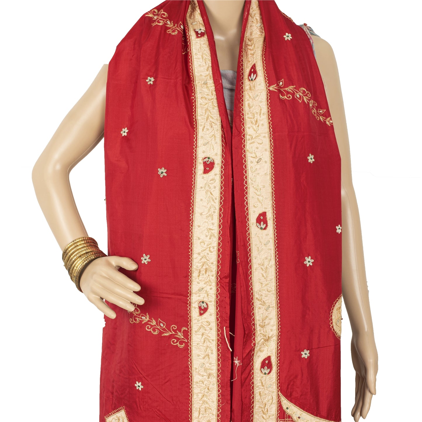 Sanskriti Vintage Long Dupatta/Stole Pure Silk Red Hand Beaded Zardozi Patch Vei