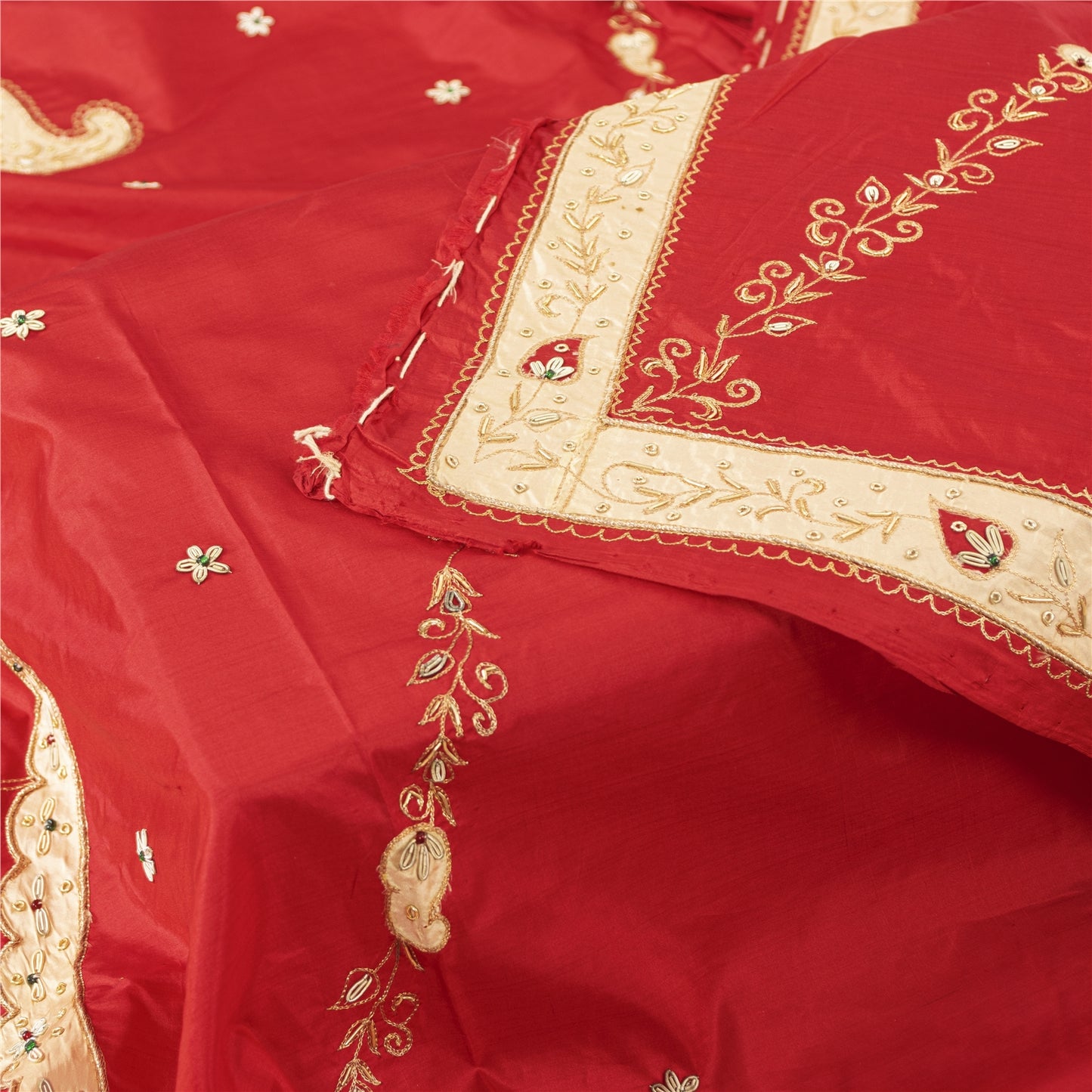 Sanskriti Vintage Long Dupatta/Stole Pure Silk Red Hand Beaded Zardozi Patch Vei