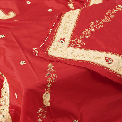 Sanskriti Vintage Long Dupatta/Stole Pure Silk Red Hand Beaded Zardozi Patch Vei