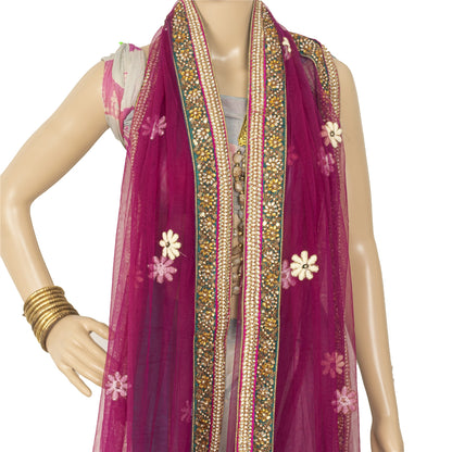 Sanskriti Vintage Dupatta/Stole Net Mesh Magenta Hand Bead Zardozi Scarves Veil