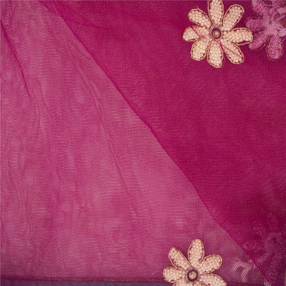 Sanskriti Vintage Dupatta/Stole Net Mesh Magenta Hand Bead Zardozi Scarves Veil