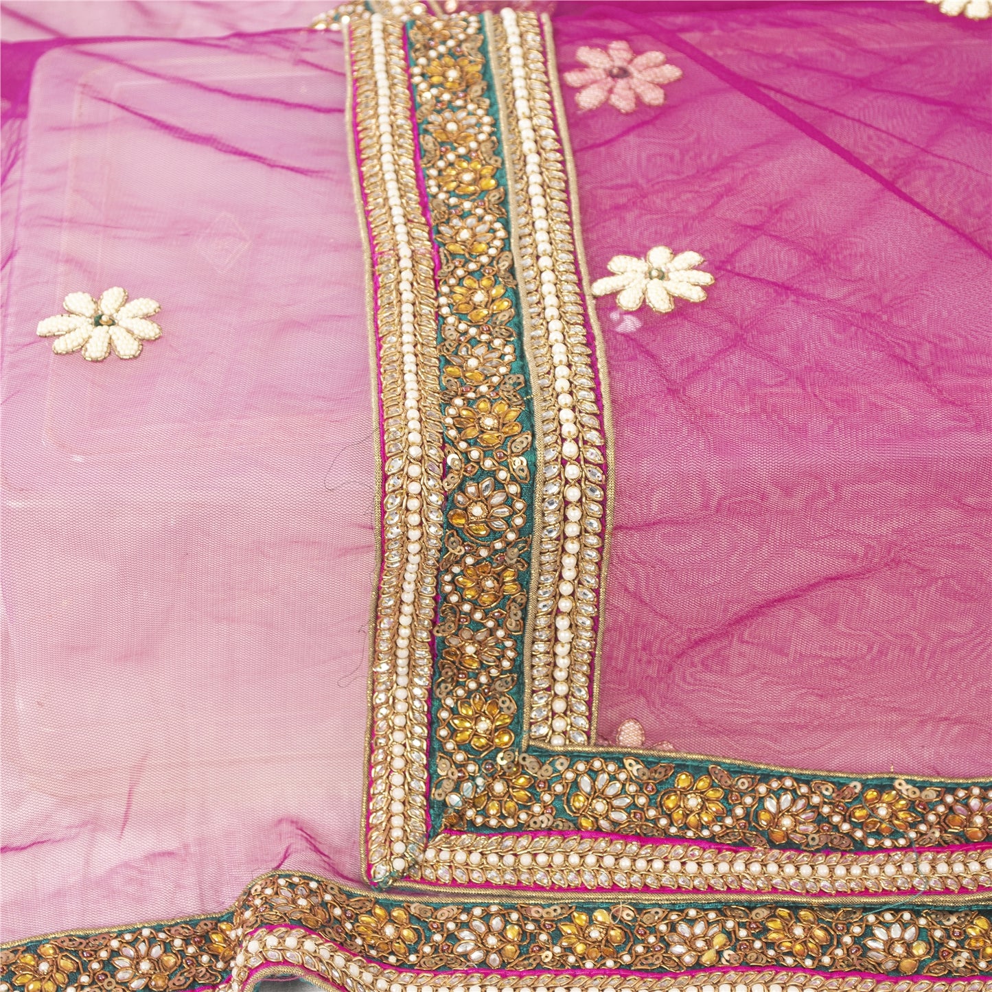 Sanskriti Vintage Dupatta/Stole Net Mesh Magenta Hand Bead Zardozi Scarves Veil