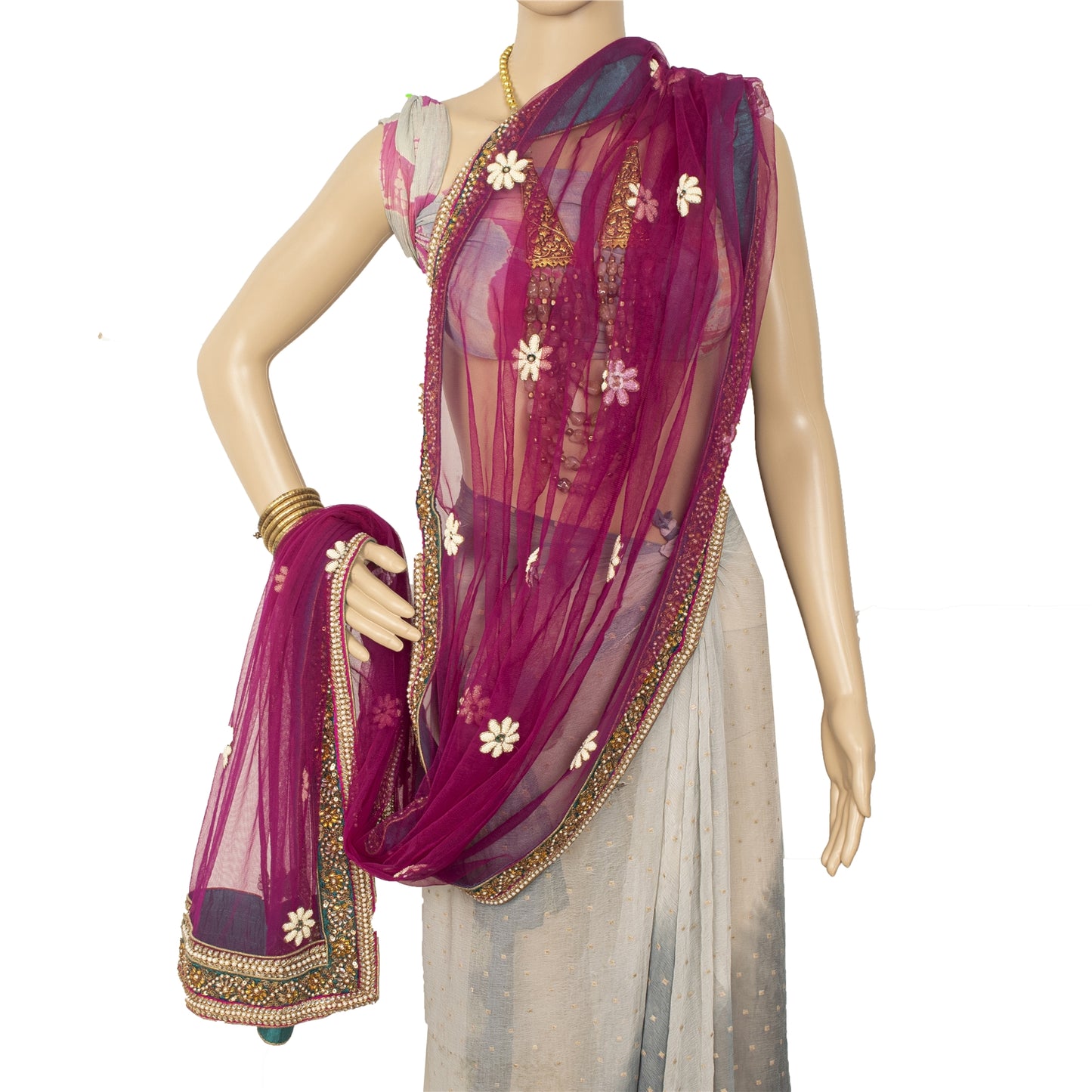 Sanskriti Vintage Dupatta/Stole Net Mesh Magenta Hand Bead Zardozi Scarves Veil