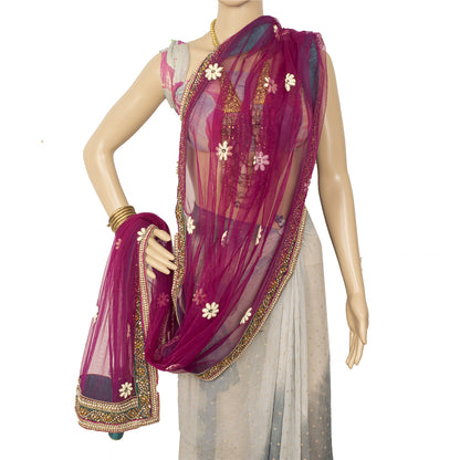 Sanskriti Vintage Dupatta/Stole Net Mesh Magenta Hand Bead Zardozi Scarves Veil