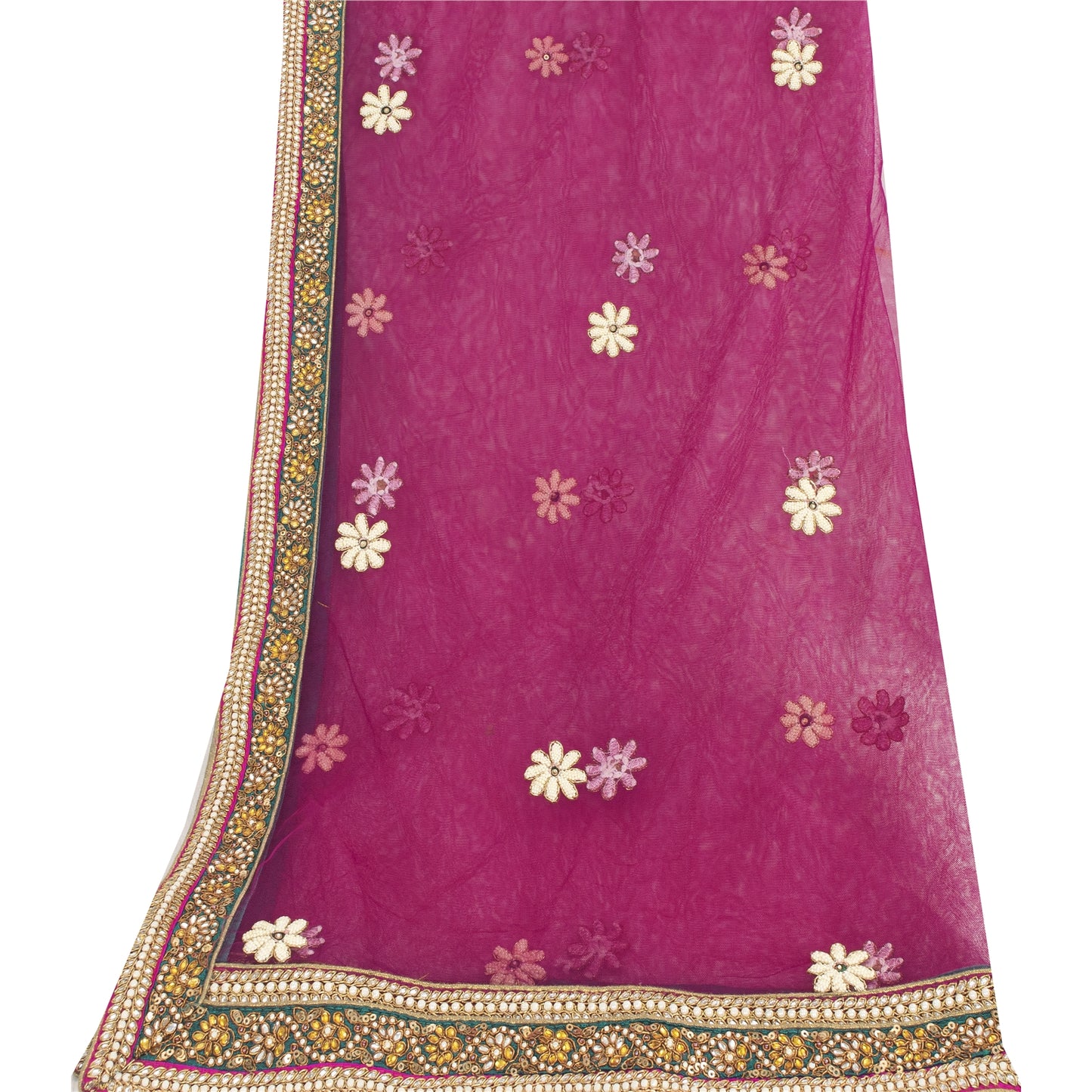 Sanskriti Vintage Dupatta/Stole Net Mesh Magenta Hand Bead Zardozi Scarves Veil