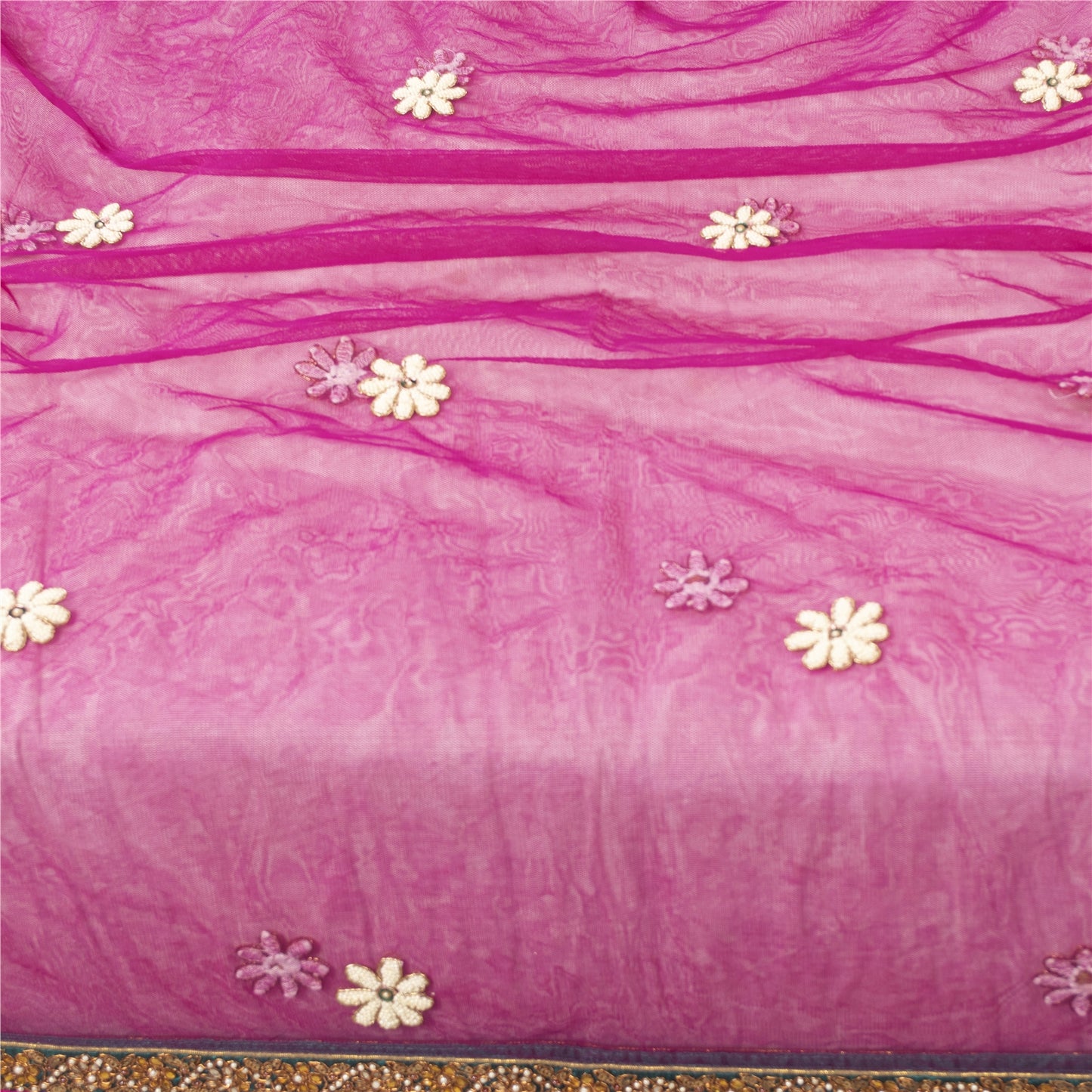 Sanskriti Vintage Dupatta/Stole Net Mesh Magenta Hand Bead Zardozi Scarves Veil