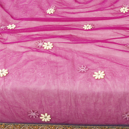 Sanskriti Vintage Dupatta/Stole Net Mesh Magenta Hand Bead Zardozi Scarves Veil