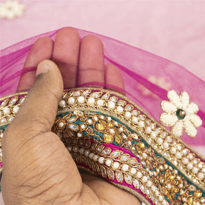 Sanskriti Vintage Dupatta/Stole Net Mesh Magenta Hand Bead Zardozi Scarves Veil