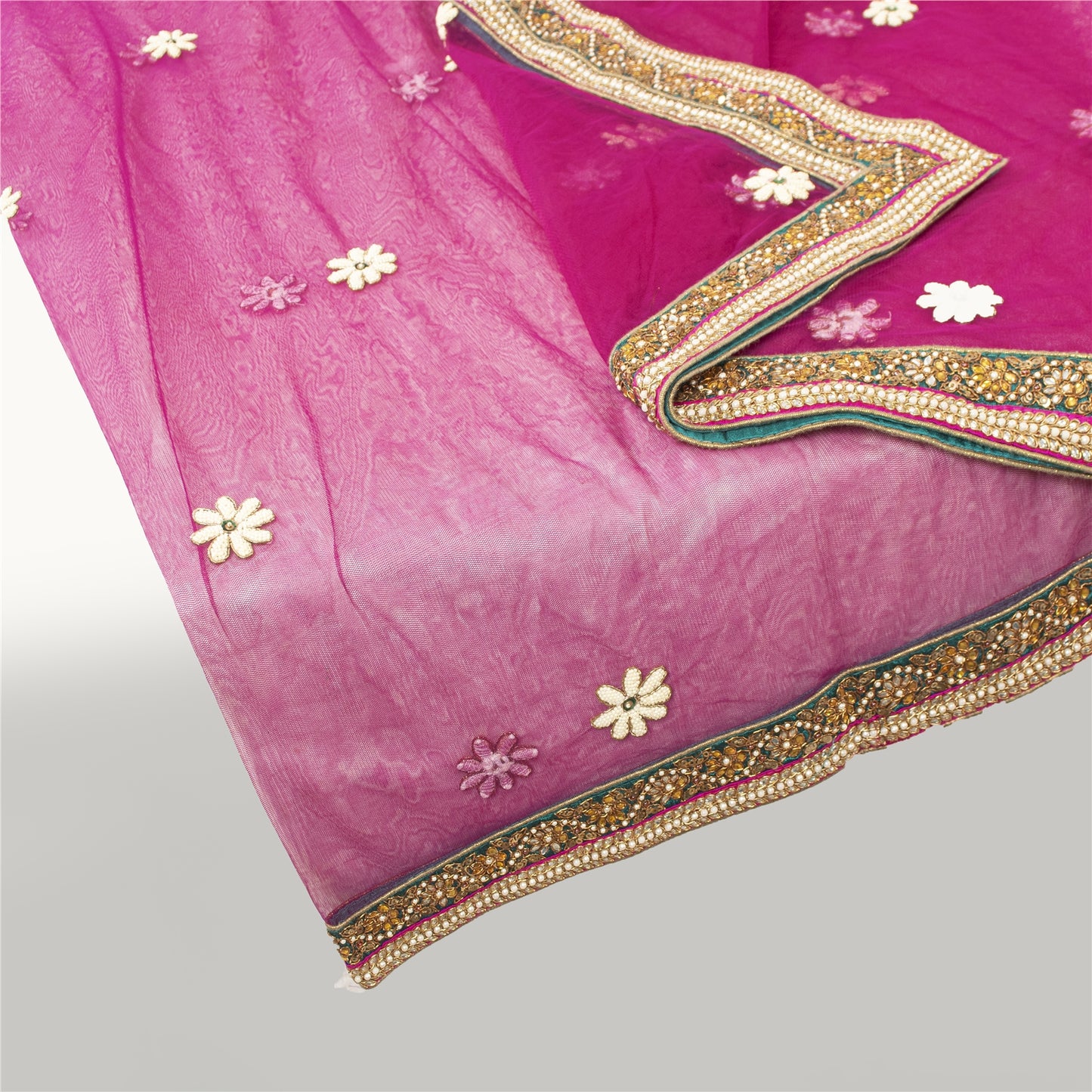 Sanskriti Vintage Dupatta/Stole Net Mesh Magenta Hand Bead Zardozi Scarves Veil