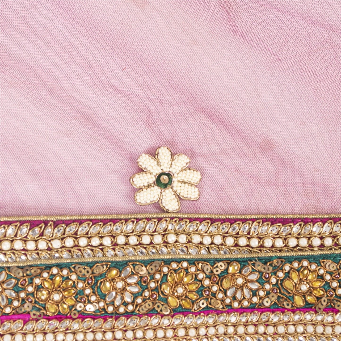 Sanskriti Vintage Dupatta/Stole Net Mesh Magenta Hand Bead Zardozi Scarves Veil