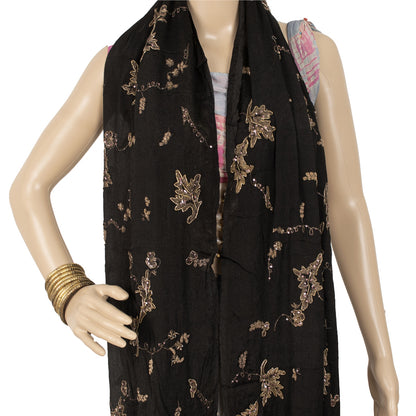 Sanskriti Vintage Long Dupatta Pure Chiffon Black Hand Beaded Zari Zardozi Stole