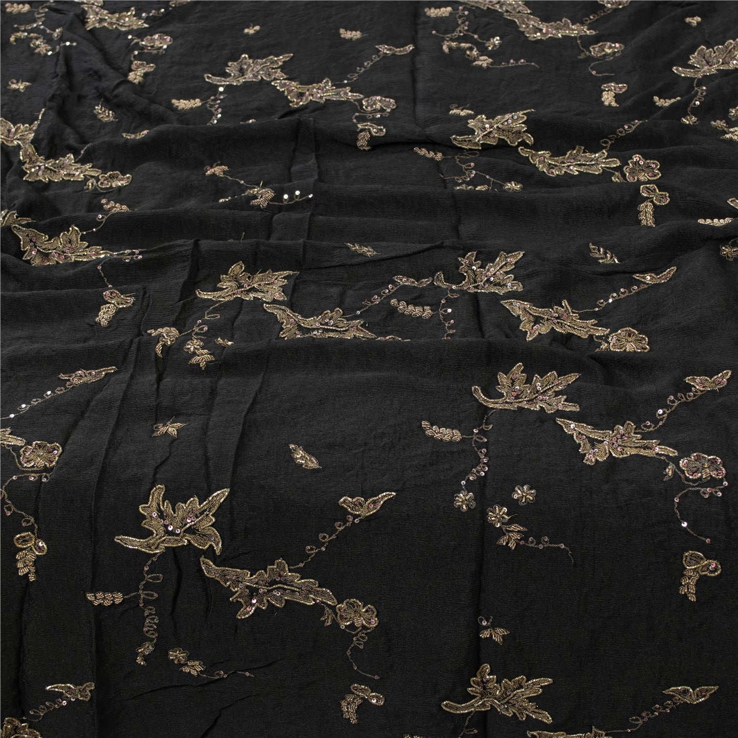 Sanskriti Vintage Long Dupatta Pure Chiffon Black Hand Beaded Zari Zardozi Stole