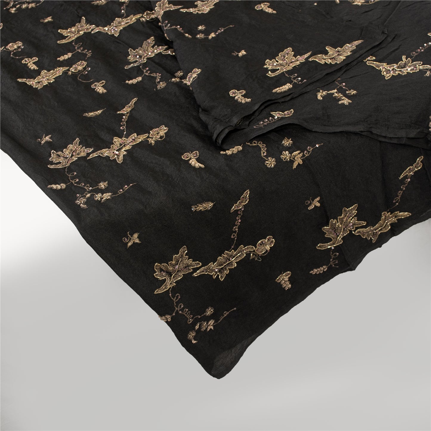 Sanskriti Vintage Long Dupatta Pure Chiffon Black Hand Beaded Zari Zardozi Stole