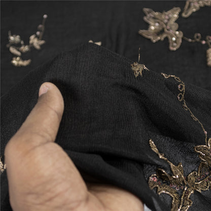 Sanskriti Vintage Long Dupatta Pure Chiffon Black Hand Beaded Zari Zardozi Stole