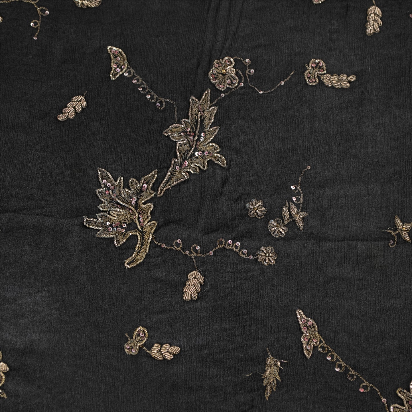 Sanskriti Vintage Long Dupatta Pure Chiffon Black Hand Beaded Zari Zardozi Stole