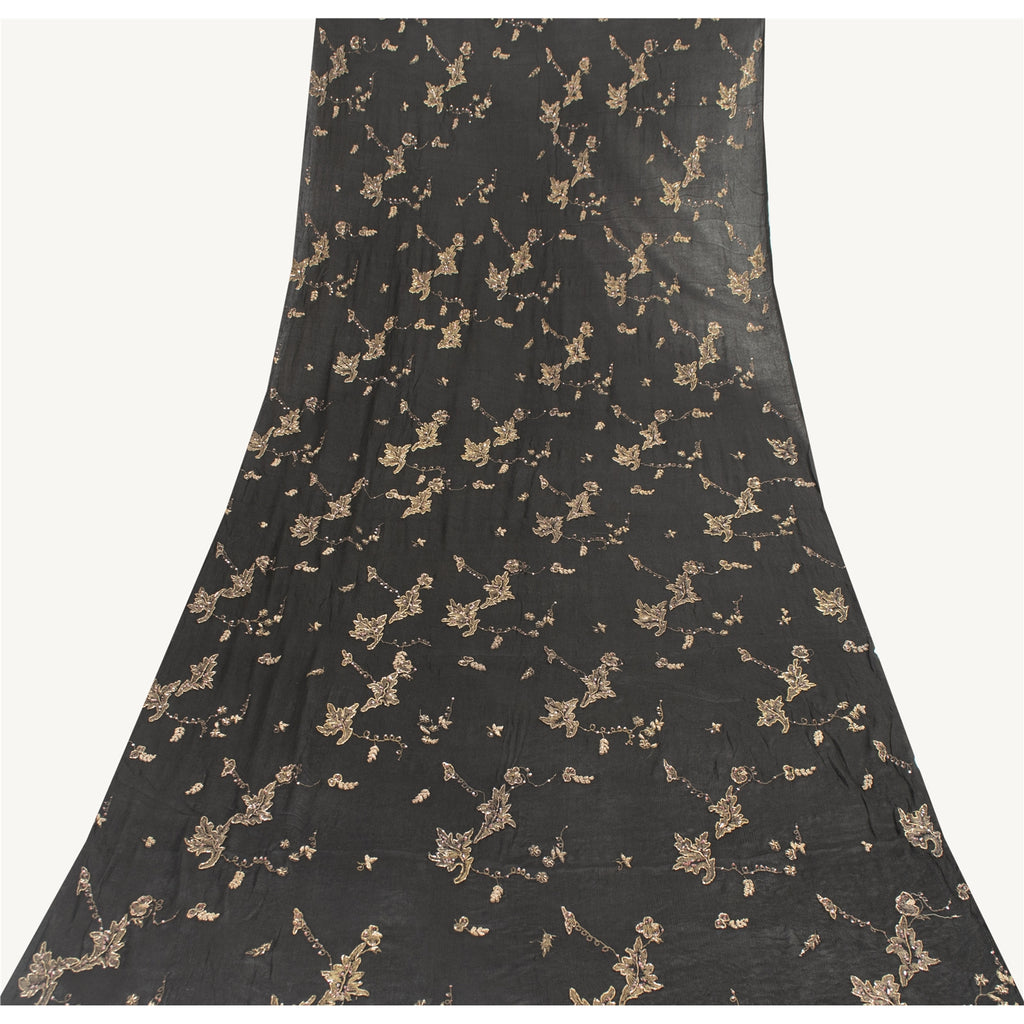 Sanskriti Vintage Long Dupatta Pure Chiffon Black Hand Beaded Zari Zardozi Stole
