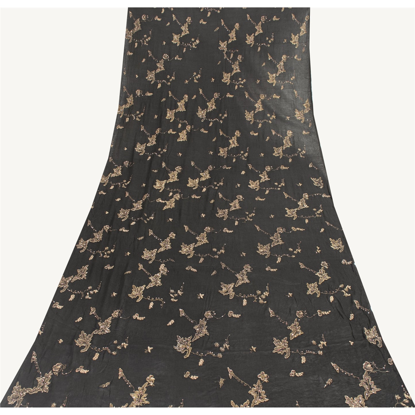 Sanskriti Vintage Long Dupatta Pure Chiffon Black Hand Beaded Zari Zardozi Stole