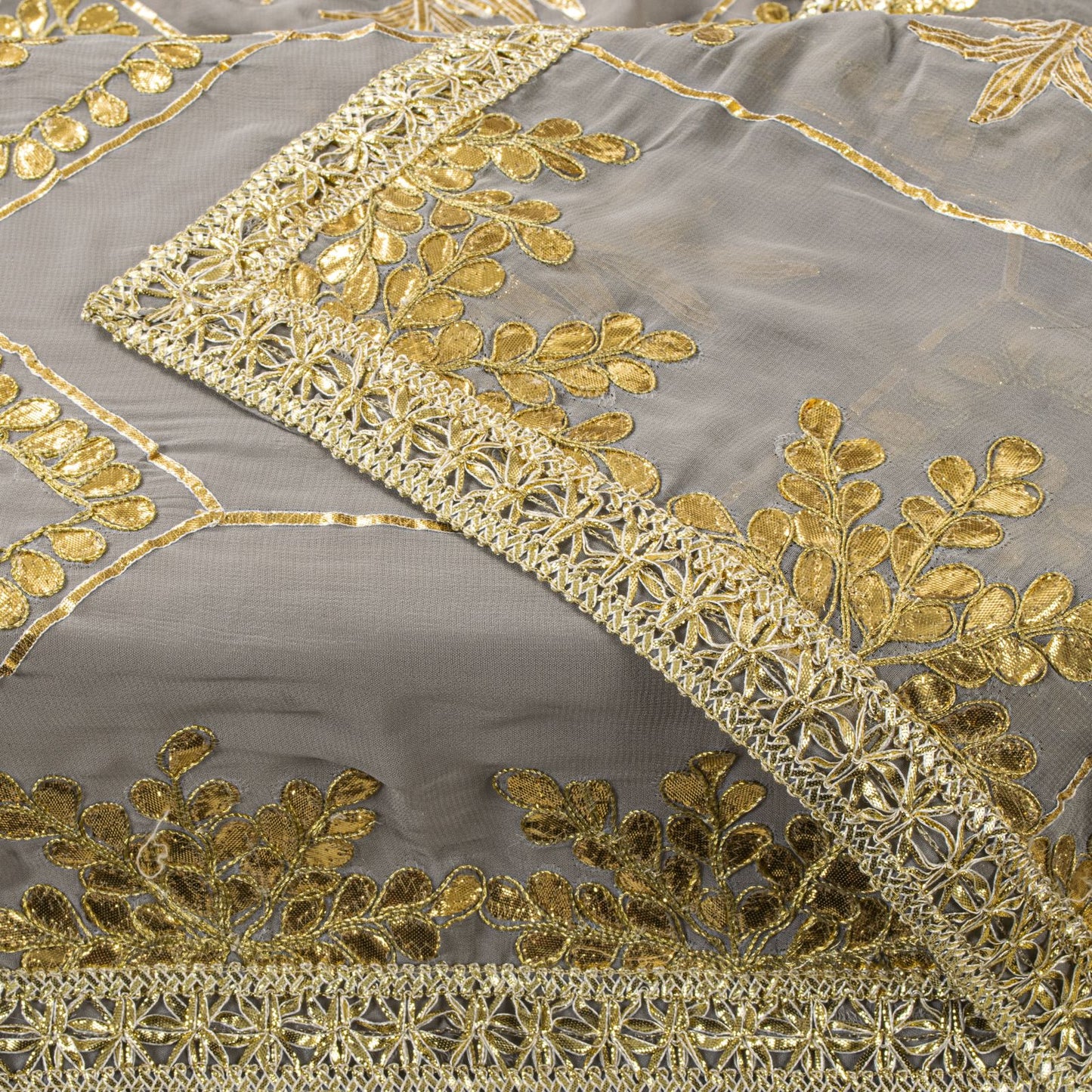 Sanskriti Vintage Dupatta/Stole Gray Pure Georgette Embroidered Gota Patti Lace