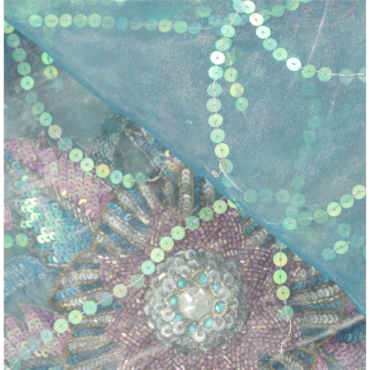 Sanskriti Vintage Long Dupatta Organza Blue Hand Beaded Sequins Gota Patti Stole