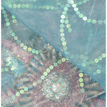 Sanskriti Vintage Long Dupatta Organza Blue Hand Beaded Sequins Gota Patti Stole
