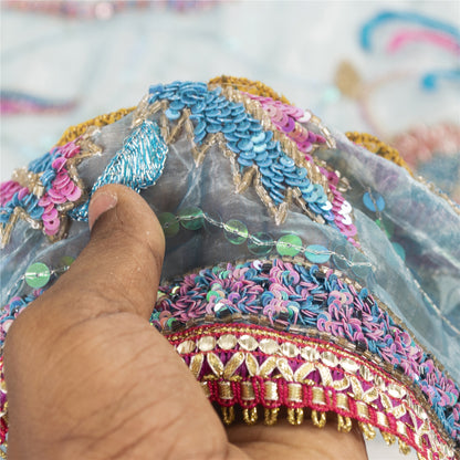 Sanskriti Vintage Long Dupatta Organza Blue Hand Beaded Sequins Gota Patti Stole