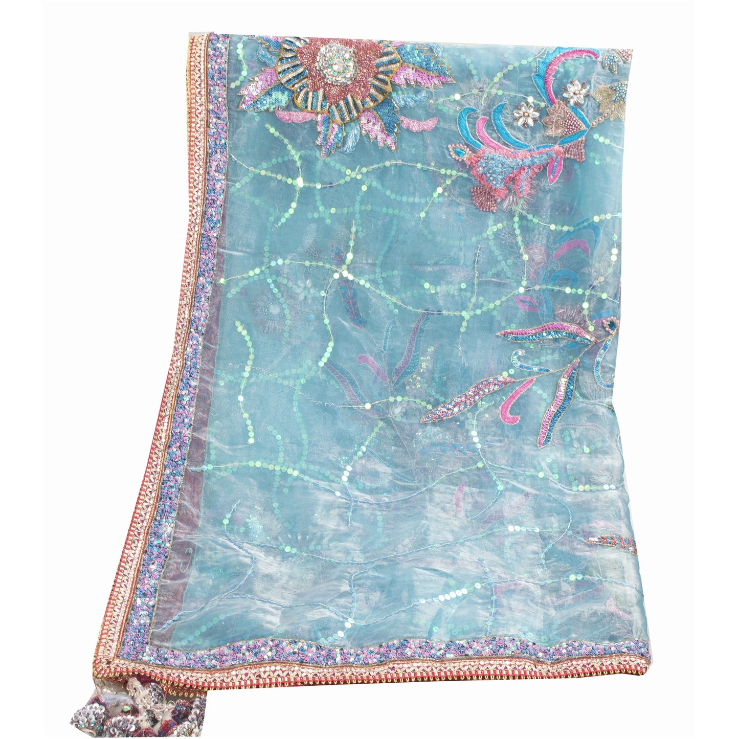 Sanskriti Vintage Long Dupatta Organza Blue Hand Beaded Sequins Gota Patti Stole