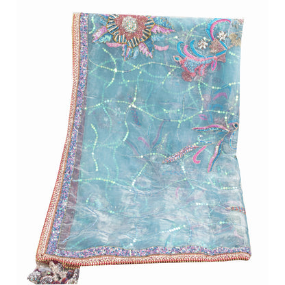 Sanskriti Vintage Long Dupatta Organza Blue Hand Beaded Sequins Gota Patti Stole