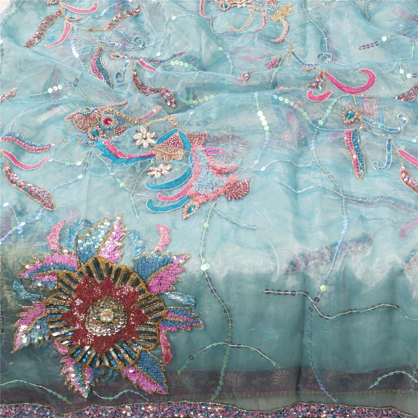 Sanskriti Vintage Long Dupatta Organza Blue Hand Beaded Sequins Gota Patti Stole