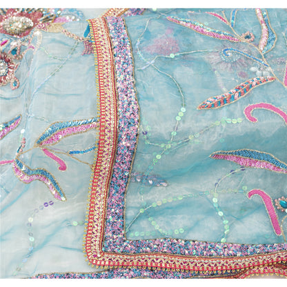Sanskriti Vintage Long Dupatta Organza Blue Hand Beaded Sequins Gota Patti Stole