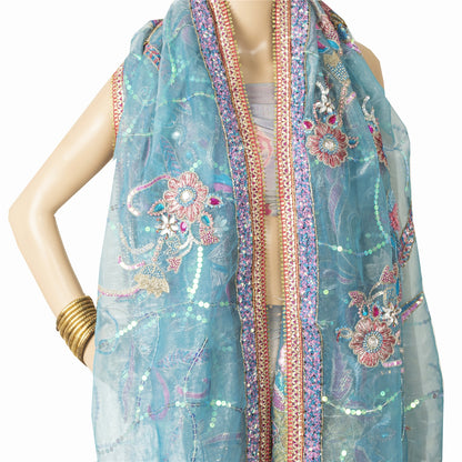 Sanskriti Vintage Long Dupatta Organza Blue Hand Beaded Sequins Gota Patti Stole