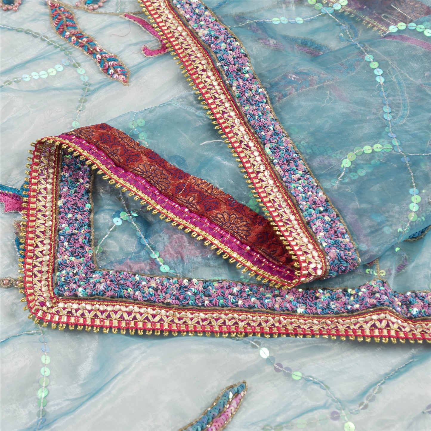 Sanskriti Vintage Long Dupatta Organza Blue Hand Beaded Sequins Gota Patti Stole