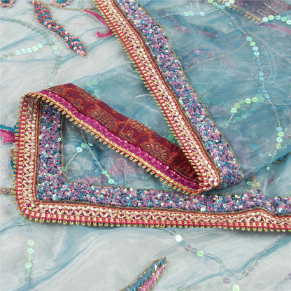 Sanskriti Vintage Long Dupatta Organza Blue Hand Beaded Sequins Gota Patti Stole